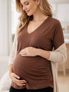 Isabel Maternity Brown Ruched Side V-Neck Top XXL NWT Modal Blend